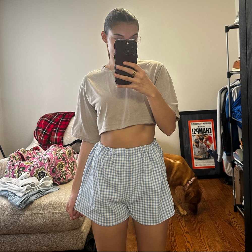 Light Blue Gingham High Waist Shorts